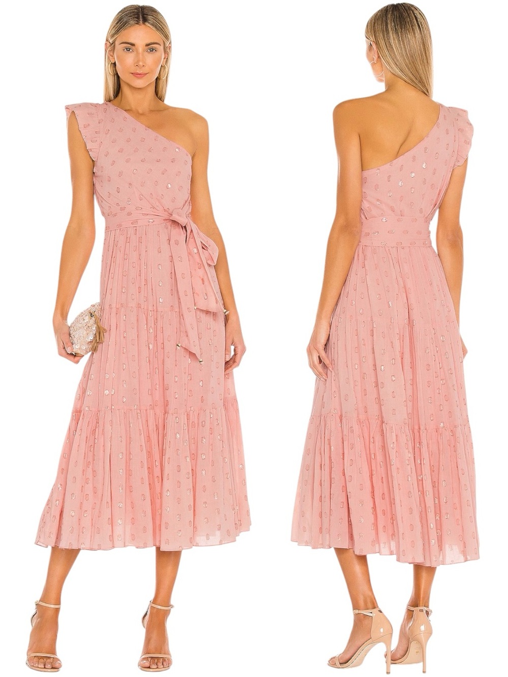 Karina Grimaldi Pauline Dot Dress Blush One Shoulder Midi Size Large